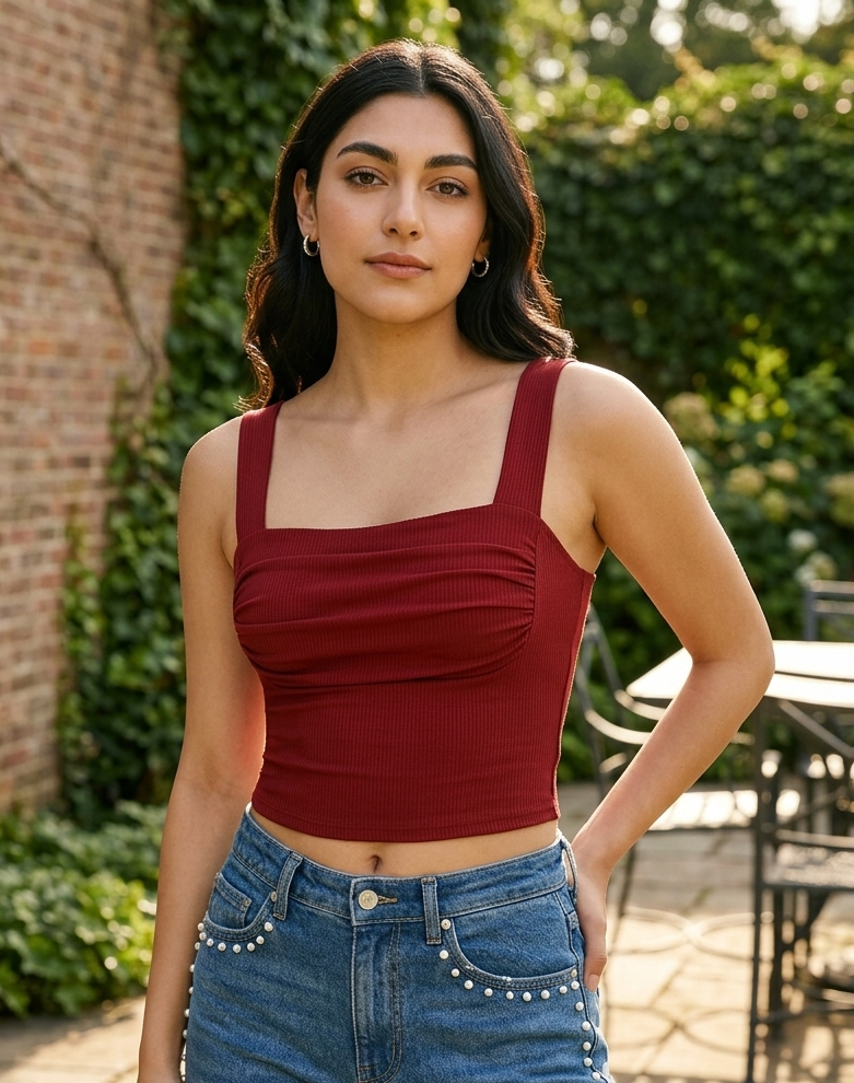 Red Ribbed Square-Neck Ruched Crop Tank Top