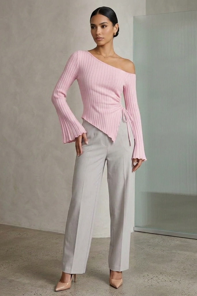 Latest Women's Drawstring Asymmetrical Neck Flared Sleeve Top