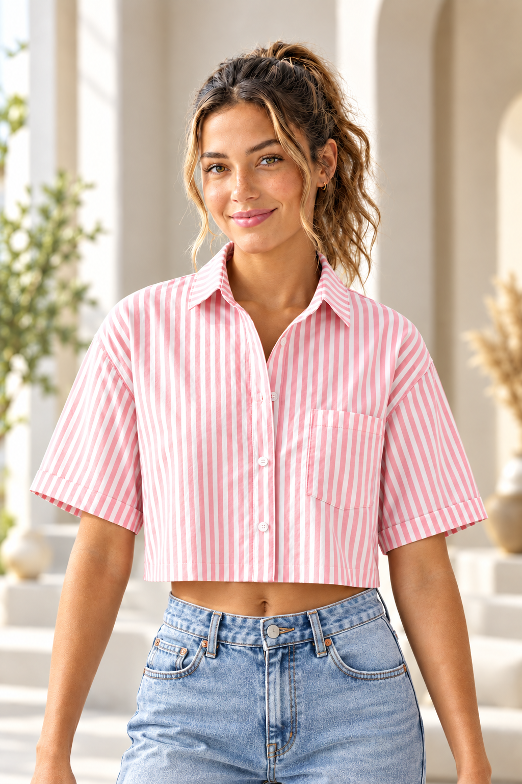 Pink & White Candy-Striped Cropped Shirt