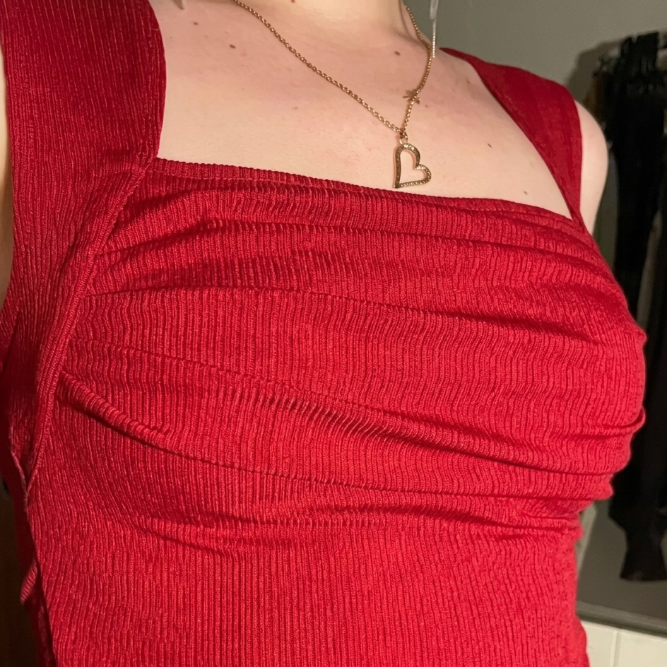 Red Ribbed Square-Neck Ruched Crop Tank Top