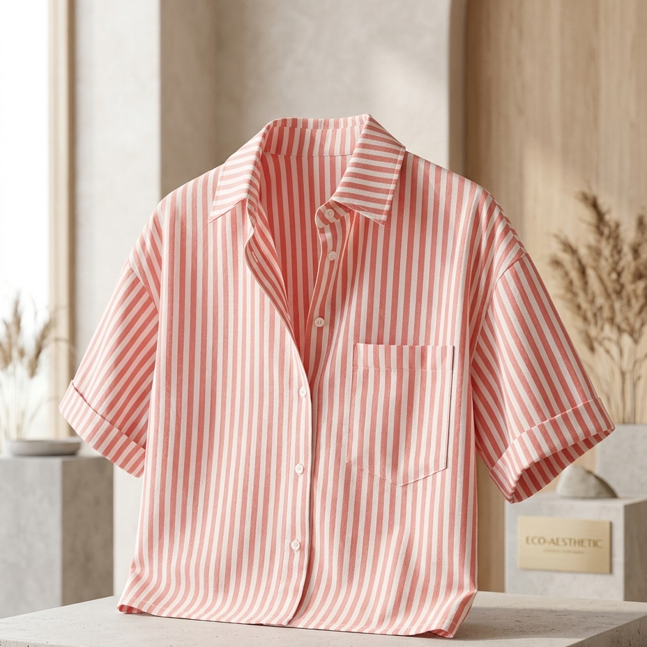 A short-sleeve button-front shirt with vertical pink and white stripes, displayed on a stone pedestal in a softly styled interior setting.