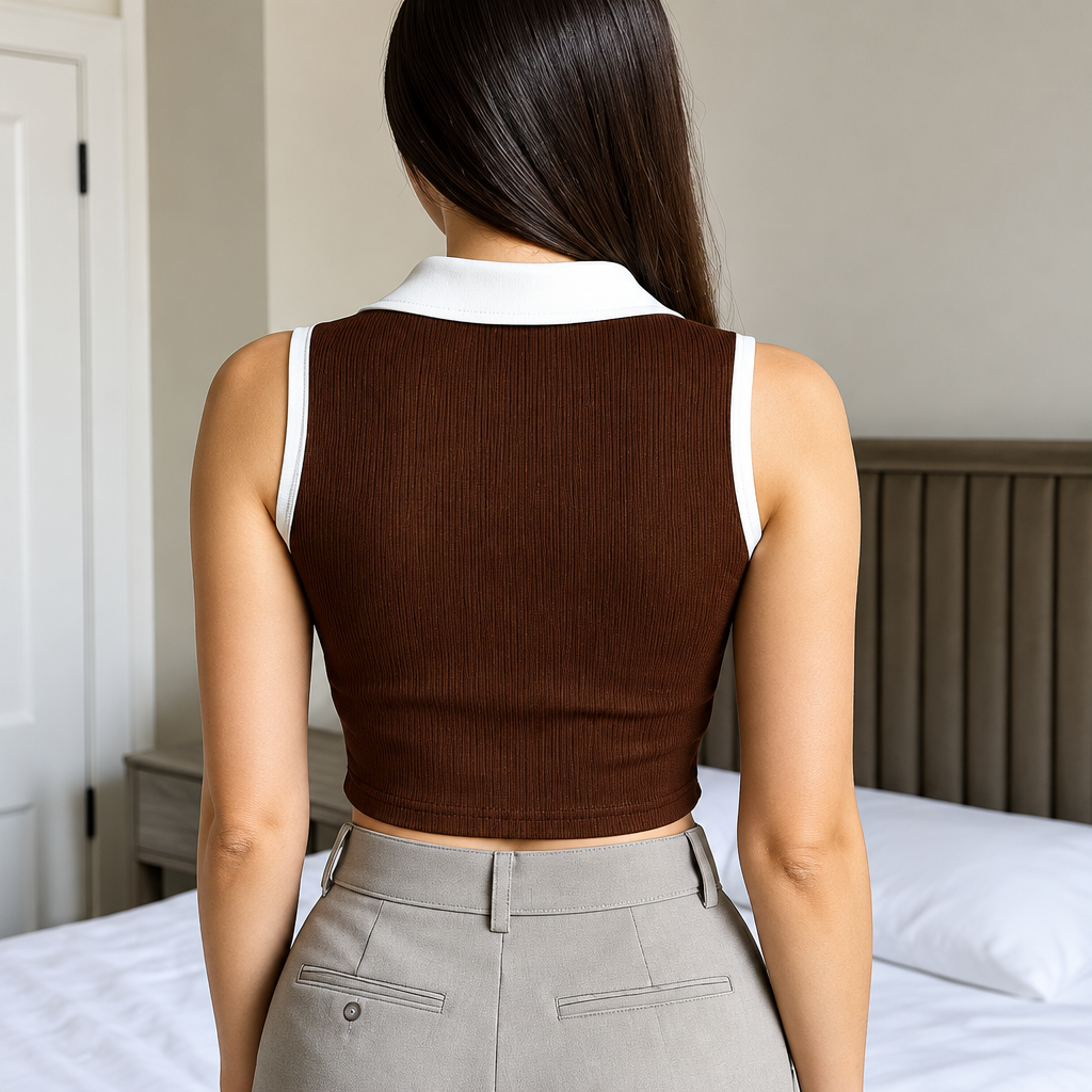Sleeveless Ribbed Polo Crop Top