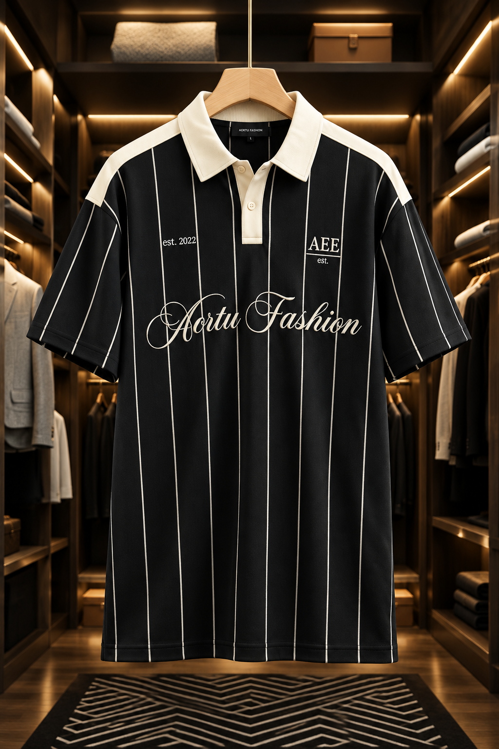 Men's "Aertu Fashion" Vertical Pinstripe Contrast Collar Polo Shirt