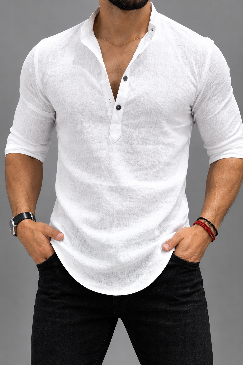 Men's Textured White Cotton-Linen Henley Kurta Shirt