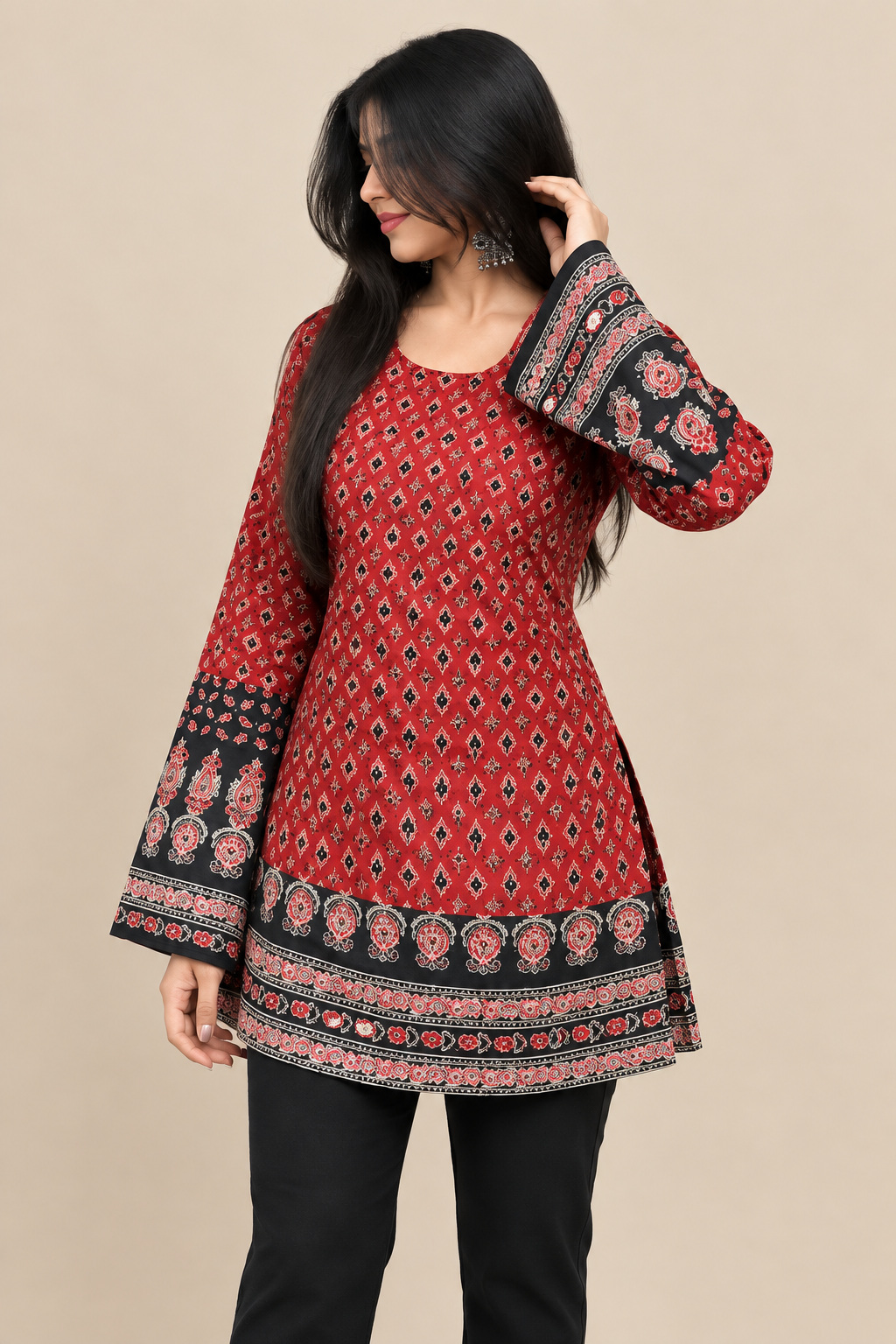 Women's Maroon Ethnic Printed Short Kurti with Bell Sleeves
