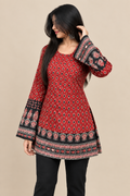 Women's Maroon Ethnic Printed Short Kurti with Bell Sleeves