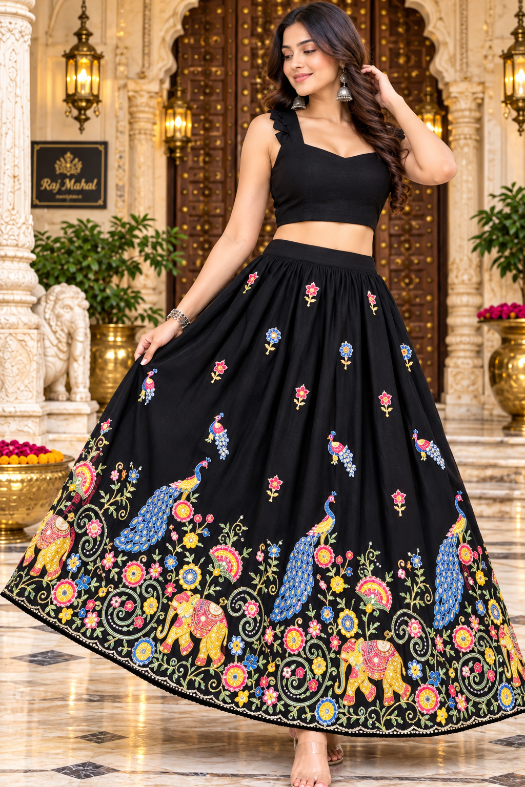 Women's Black Peacock &amp; Elephant Printed Flared Lehenga Choli.
