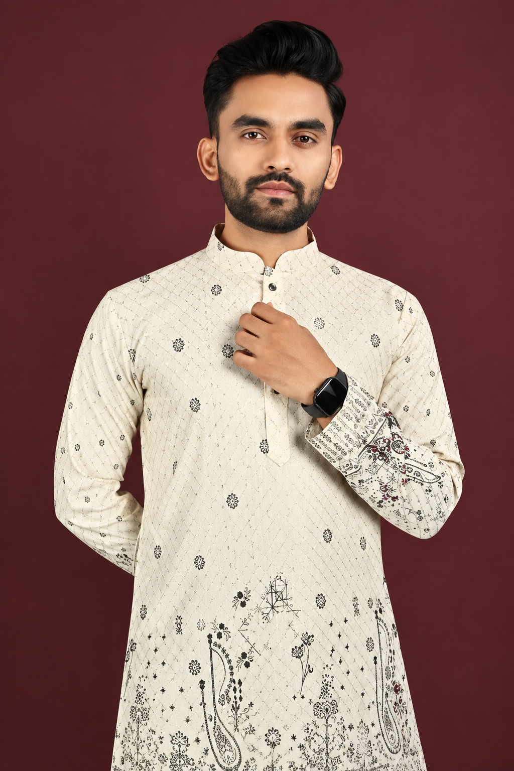 Men's Off-White/Cream Digital Printed Kurta Pajama Set