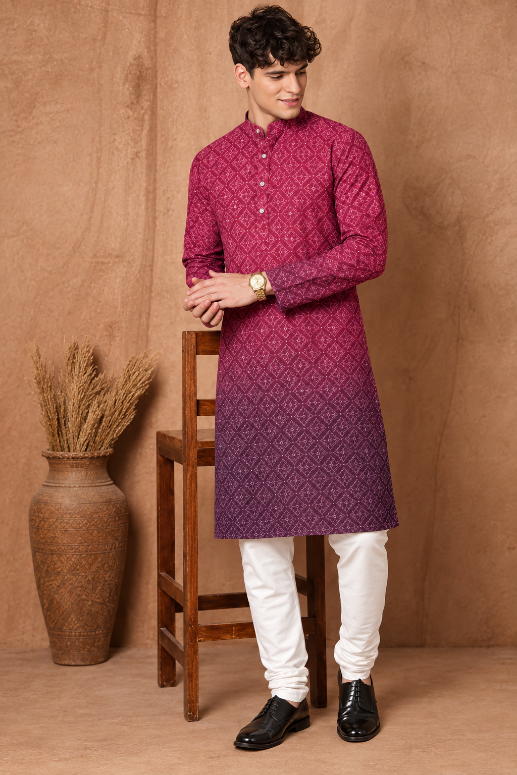 Men's Maroon Ombre Geometric Printed Rayon/Cotton Kurta