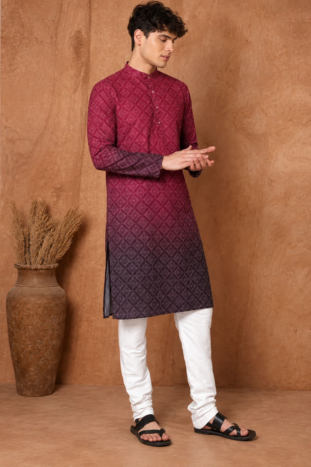 Men's Maroon Ombre Geometric Printed Rayon/Cotton Kurta