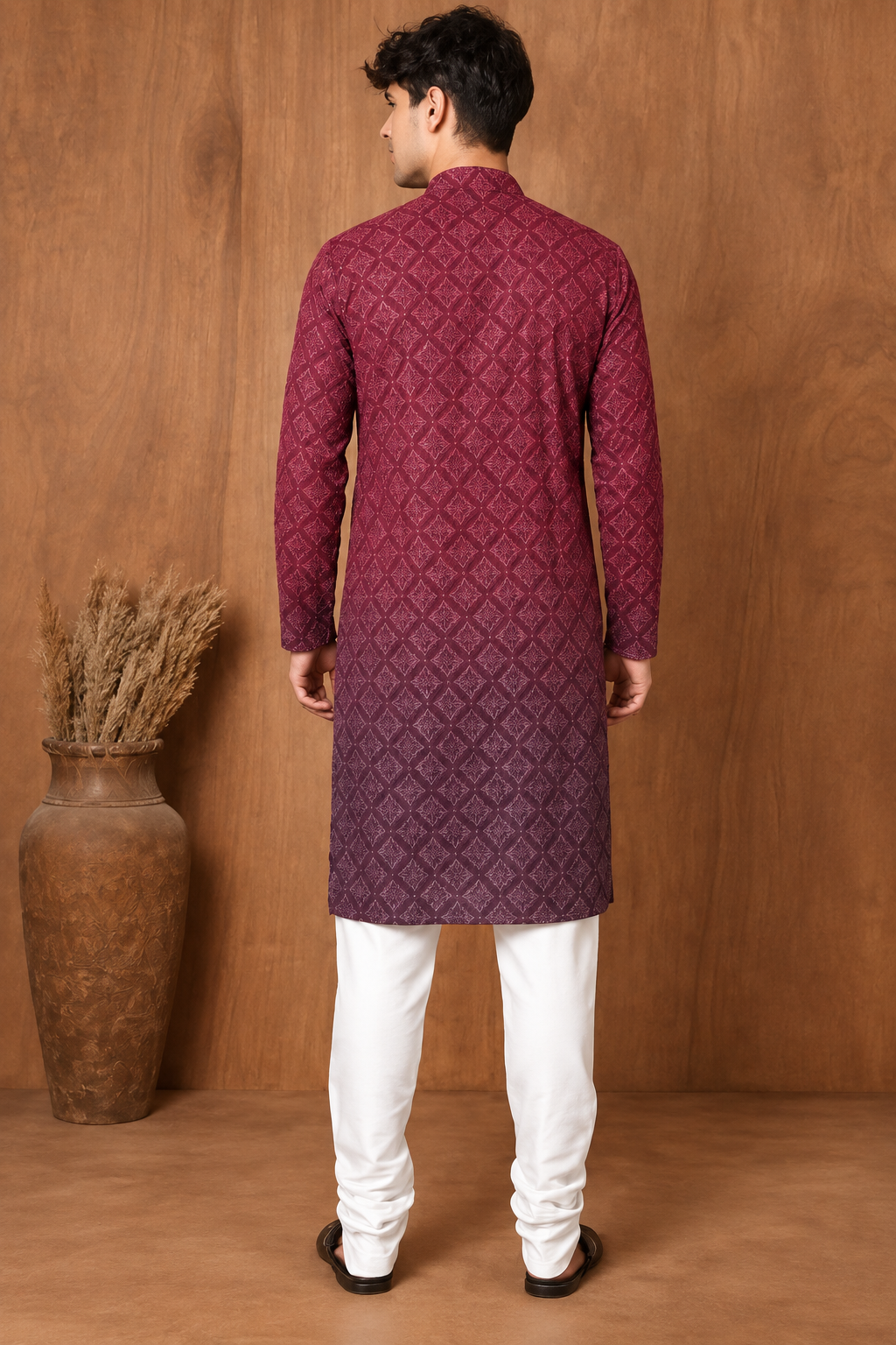 Men's Maroon Ombre Geometric Printed Rayon/Cotton Kurta