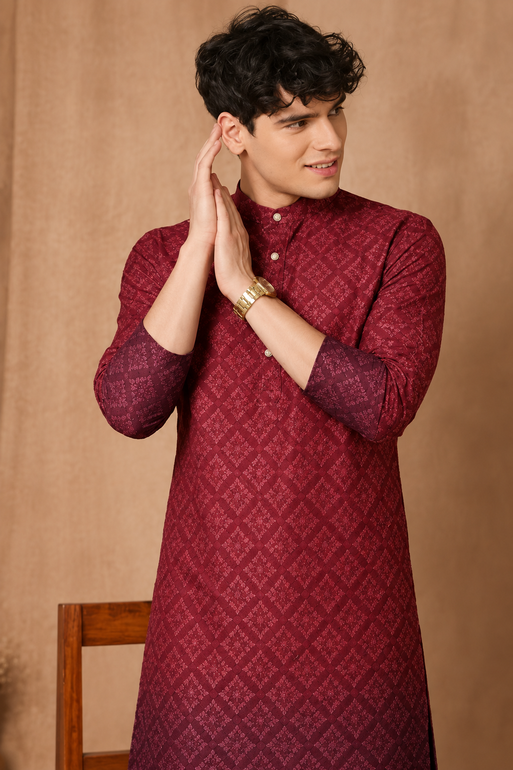 Men's Maroon Ombre Geometric Printed Rayon/Cotton Kurta
