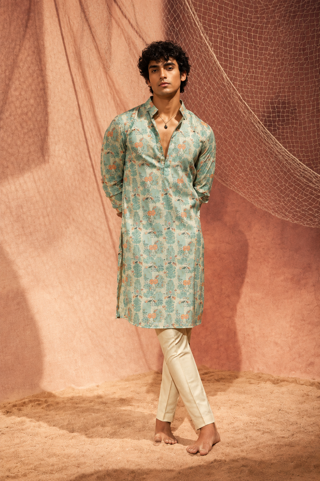 Men's Sea Green Printed Silk Kurta Set