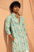 Men's Sea Green Printed Silk Kurta Set