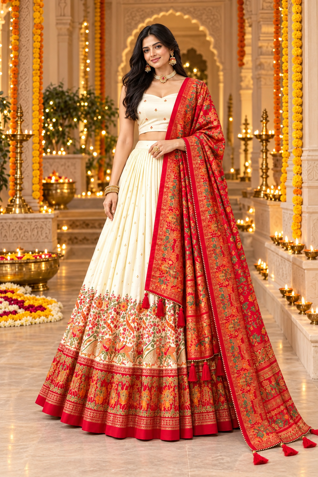 ream Floral Printed Lehenga Choli with Red Banarasi Silk Dupatta