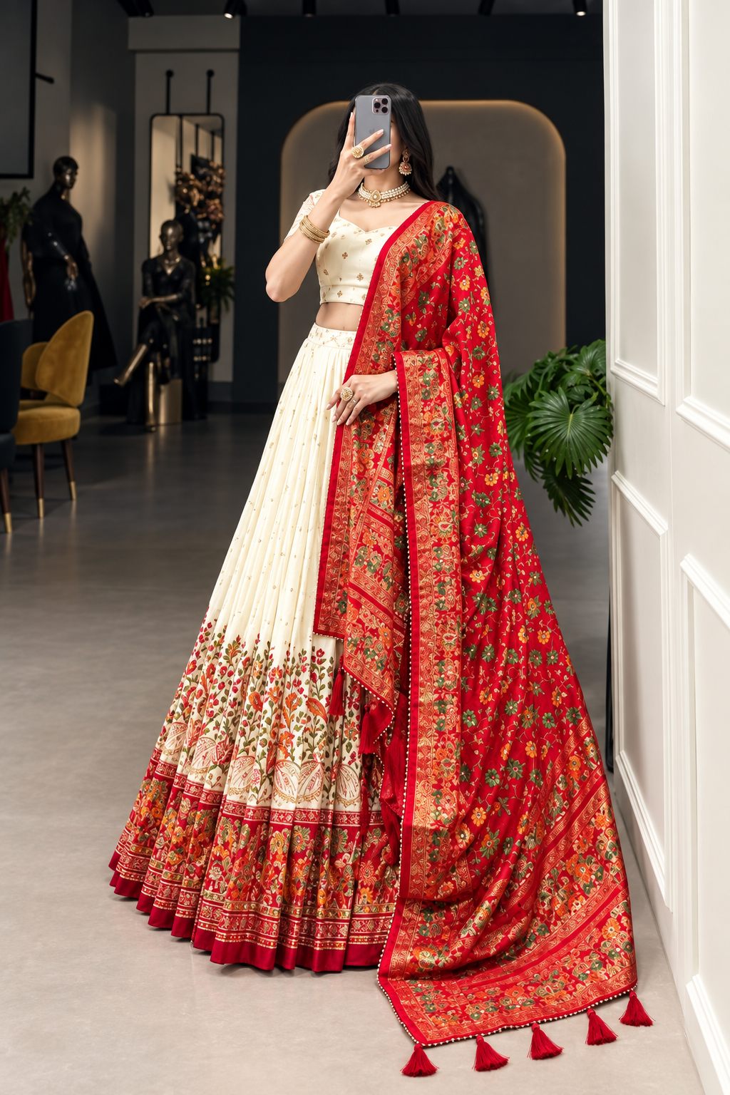 ream Floral Printed Lehenga Choli with Red Banarasi Silk Dupatta