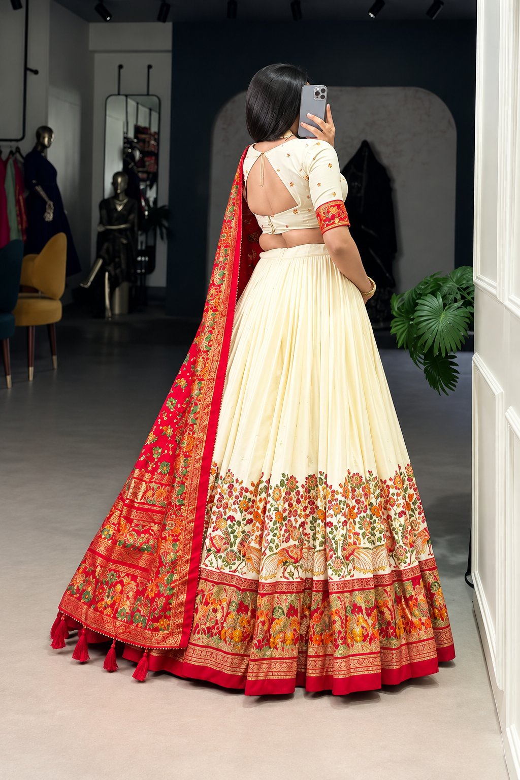 ream Floral Printed Lehenga Choli with Red Banarasi Silk Dupatta