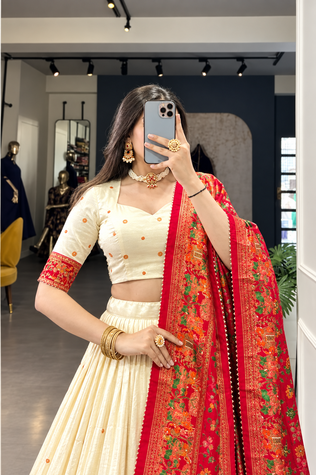 ream Floral Printed Lehenga Choli with Red Banarasi Silk Dupatta