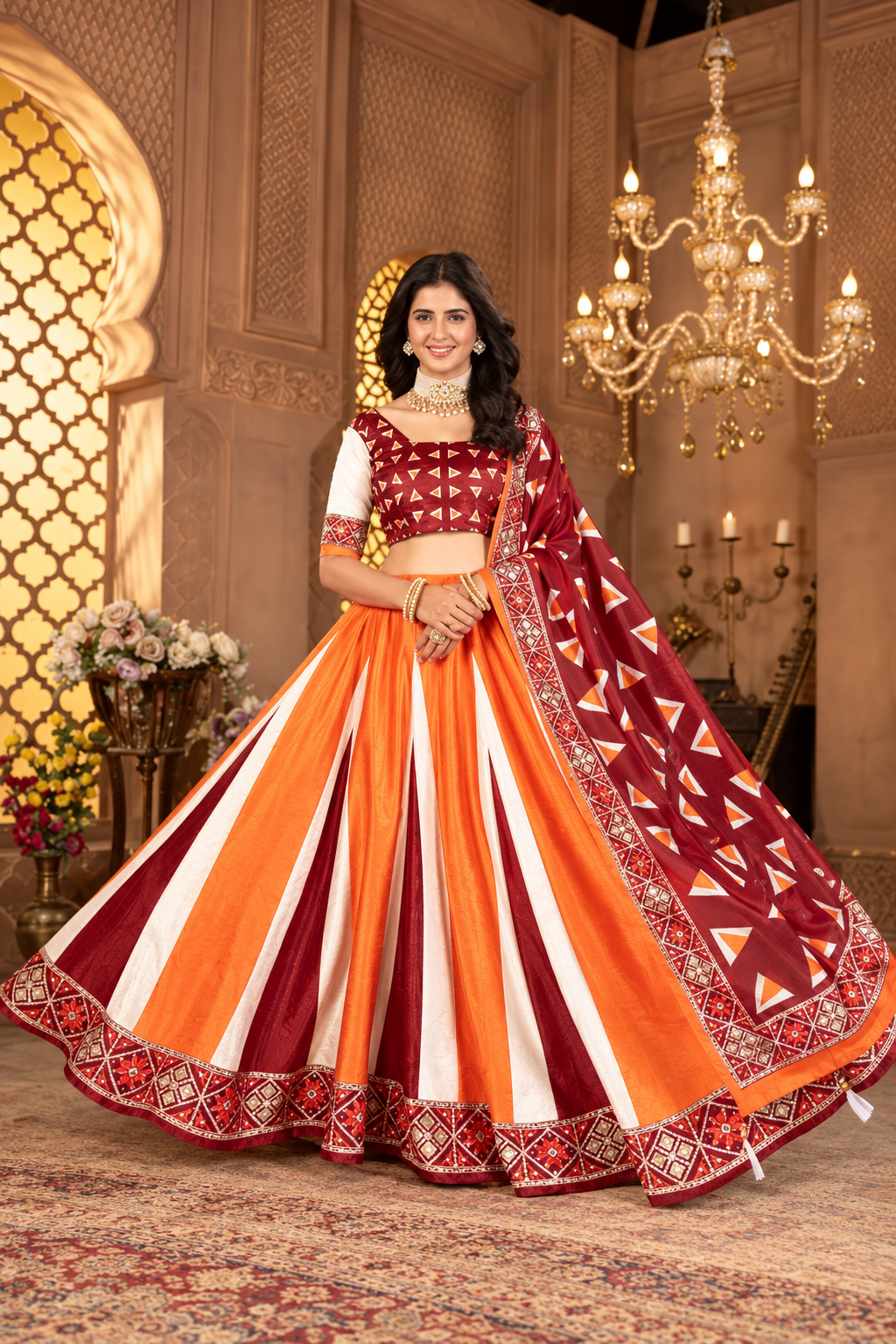 Maroon & Orange Panelled Printed Silk Lehenga Choli with Geometric Dupatta