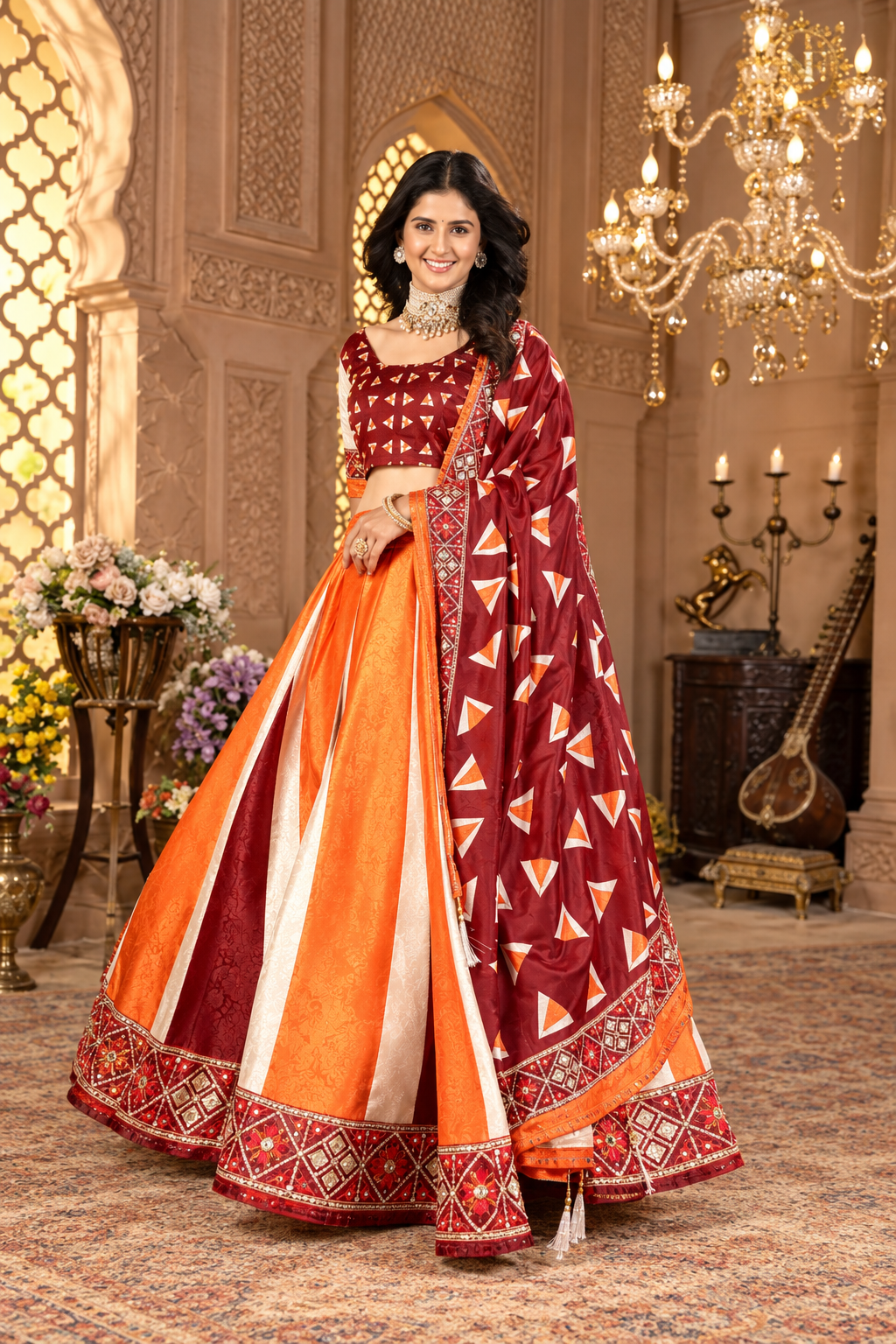 Maroon & Orange Panelled Printed Silk Lehenga Choli with Geometric Dupatta