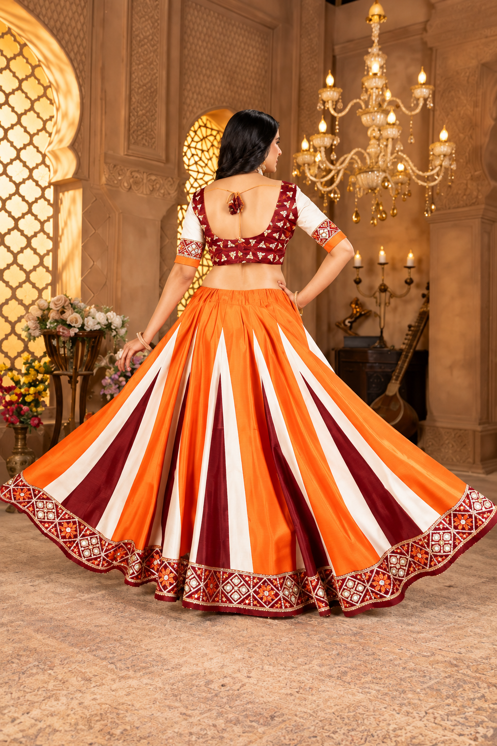 Maroon & Orange Panelled Printed Silk Lehenga Choli with Geometric Dupatta