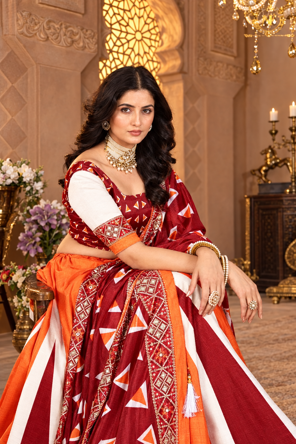 Maroon & Orange Panelled Printed Silk Lehenga Choli with Geometric Dupatta