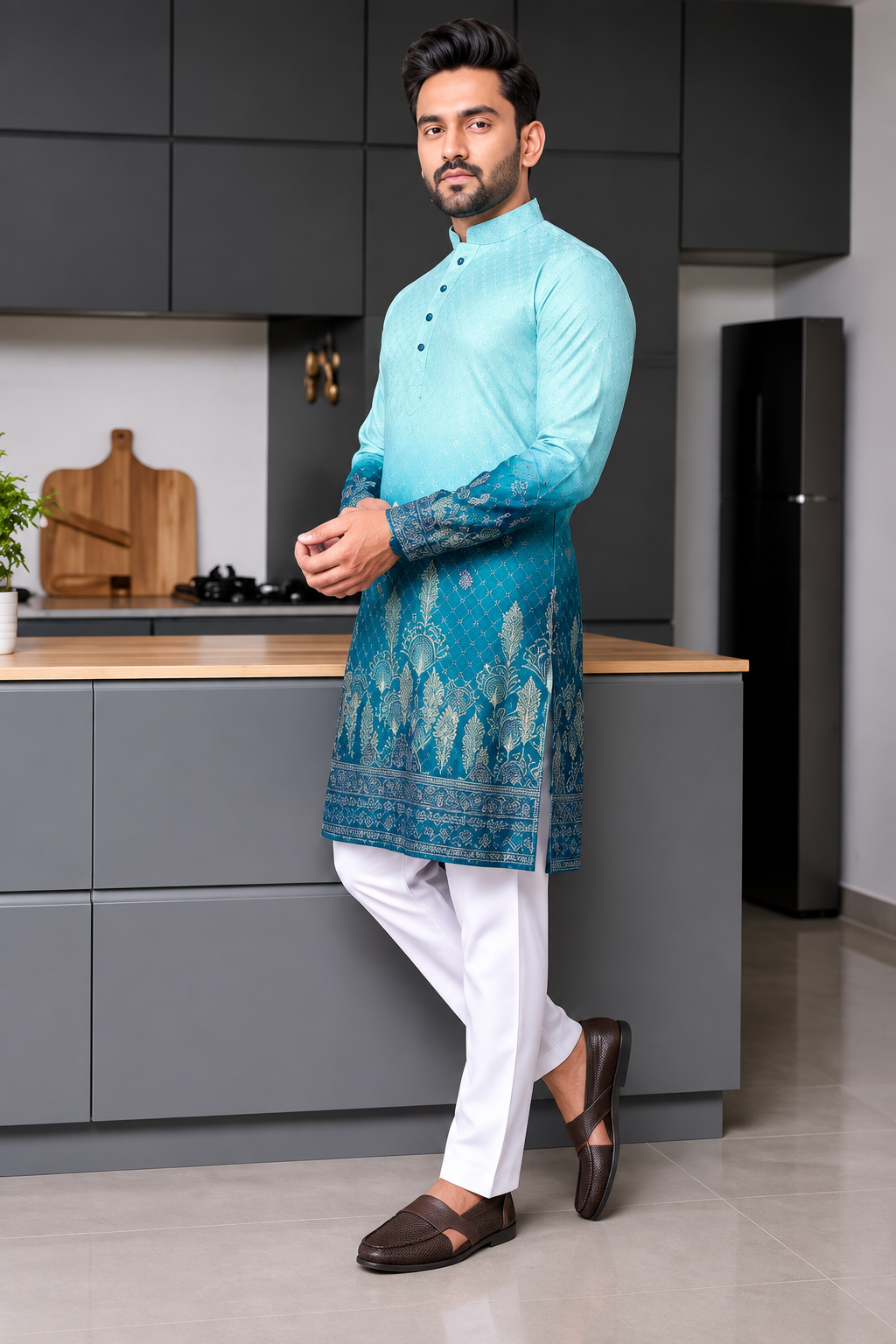 Men Dual-Tone Ombre Elephant Print Kurta with Trousers