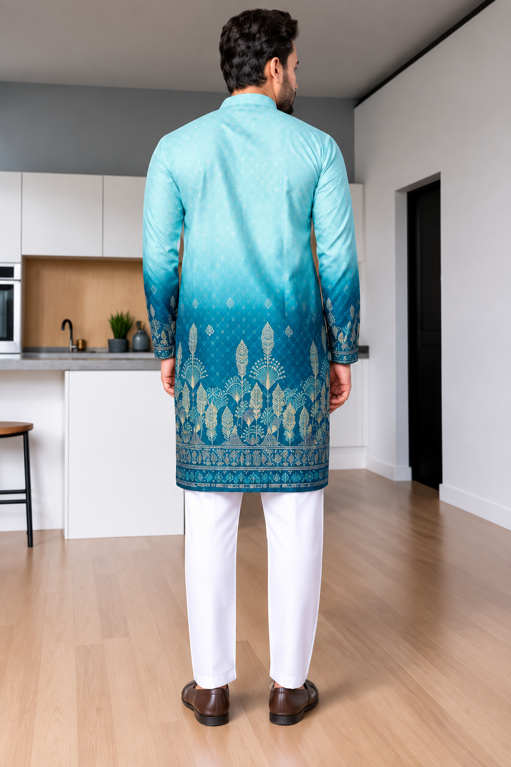 Men Dual-Tone Ombre Elephant Print Kurta with Trousers
