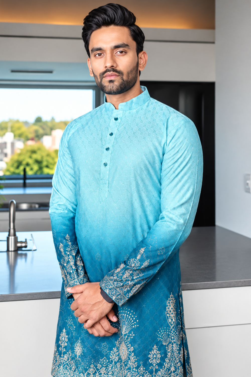 Men Dual-Tone Ombre Elephant Print Kurta with Trousers