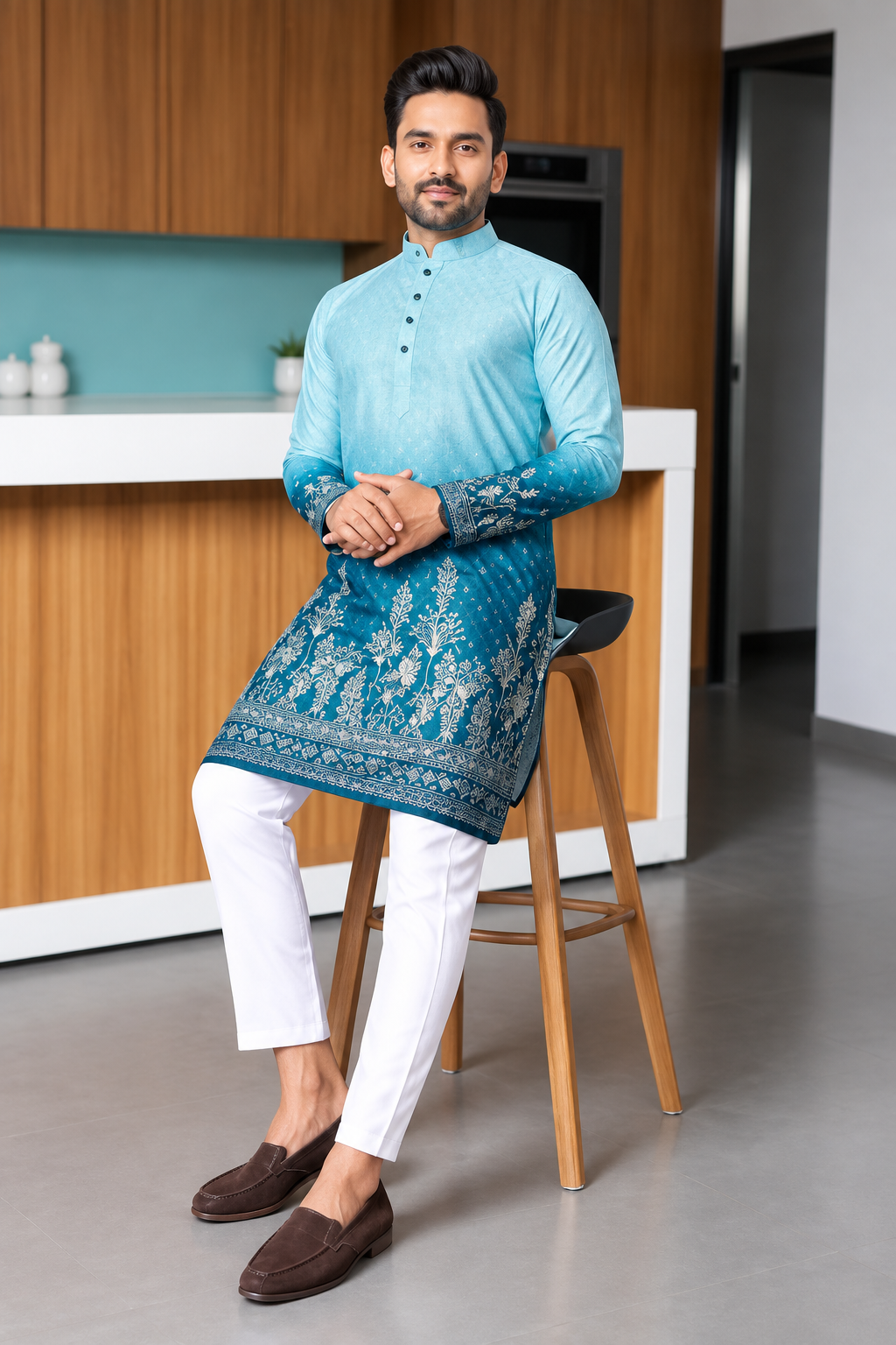 Men Dual-Tone Ombre Elephant Print Kurta with Trousers