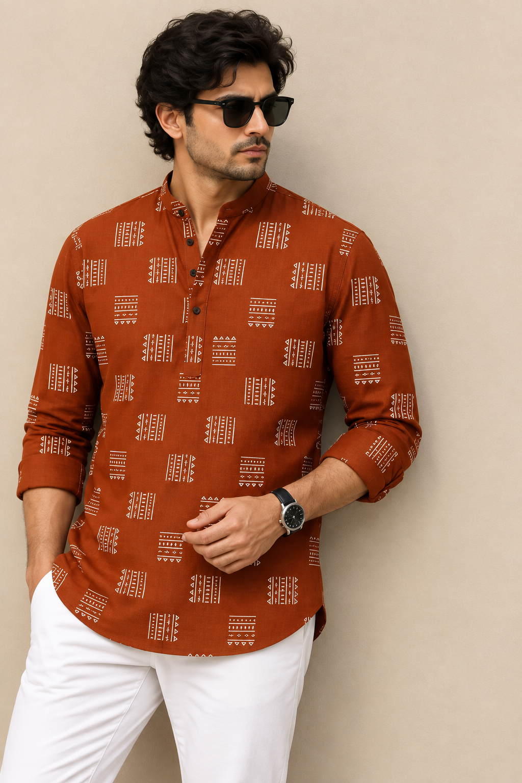 Men Rust Brown Geometric Ethnic Printed Short Kurta | Casual Cotton Blend Short Kurta Shirt for Men