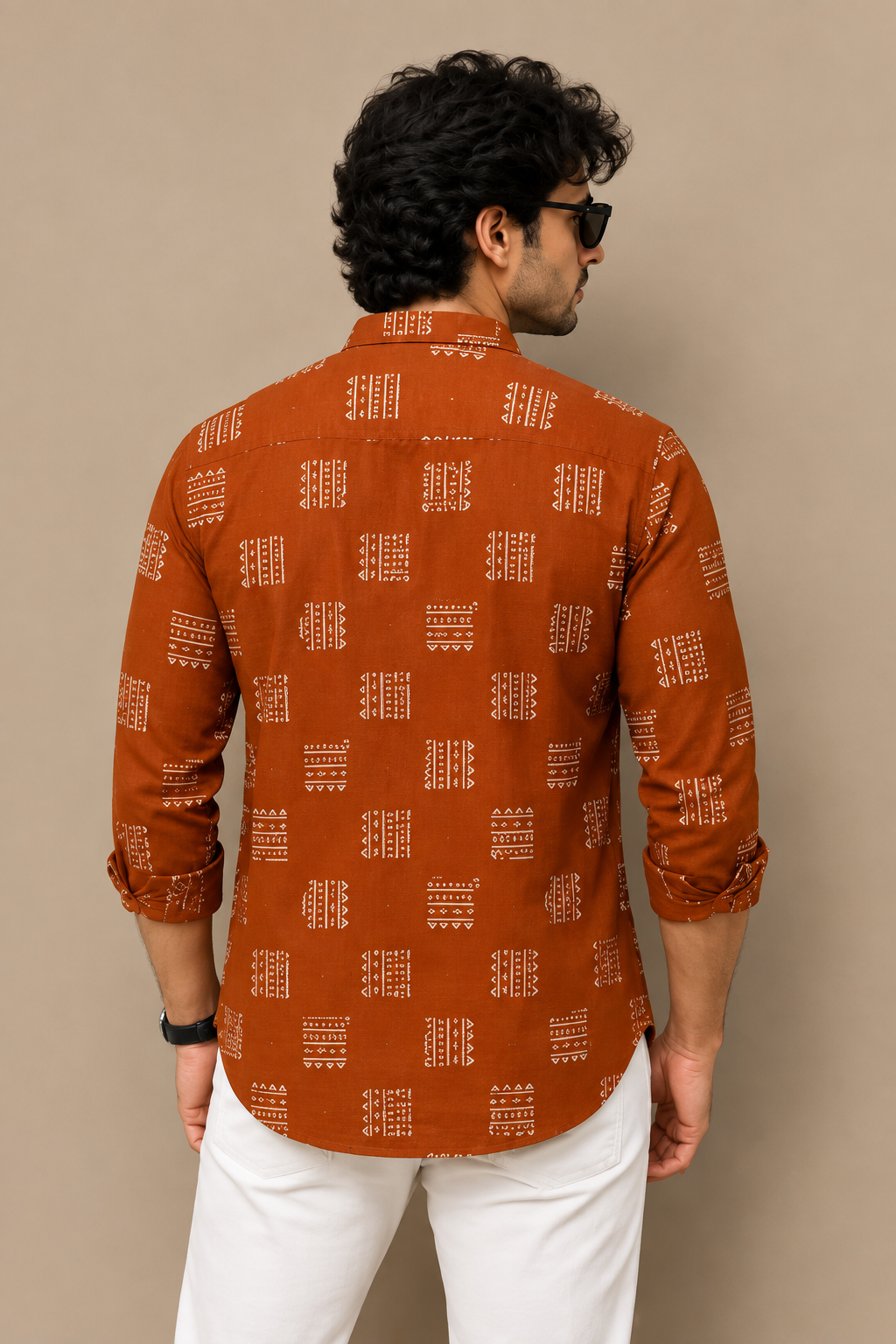 Men Rust Brown Geometric Ethnic Printed Short Kurta | Casual Cotton Blend Short Kurta Shirt for Men