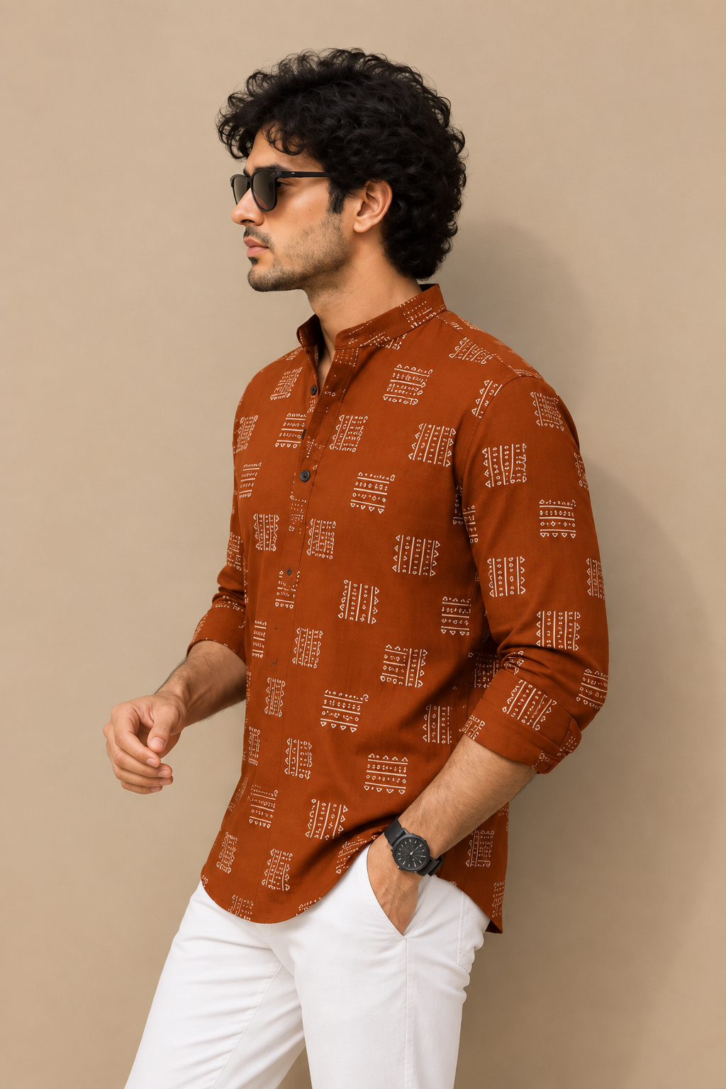 Men Rust Brown Geometric Ethnic Printed Short Kurta | Casual Cotton Blend Short Kurta Shirt for Men