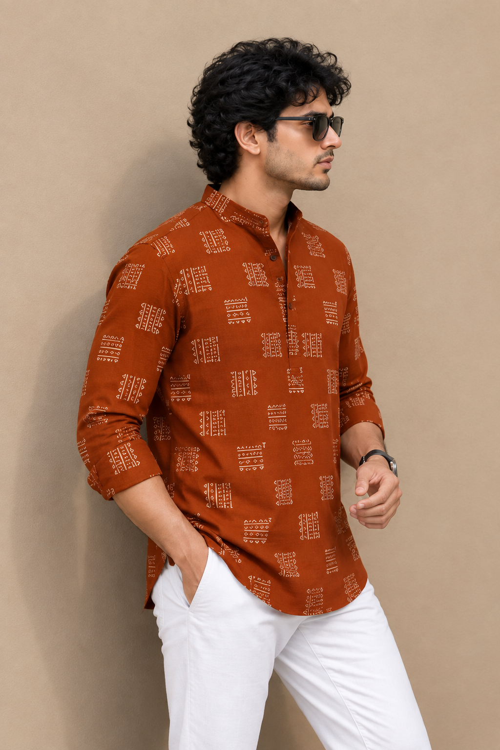 Men Rust Brown Geometric Ethnic Printed Short Kurta | Casual Cotton Blend Short Kurta Shirt for Men