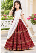 Girls Festive Maroon Printed Lehenga Choli Set with Tassel Border Dupatta