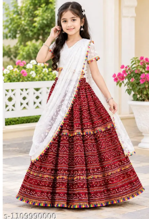 Girls Festive Maroon Printed Lehenga Choli Set with Tassel Border Dupatta