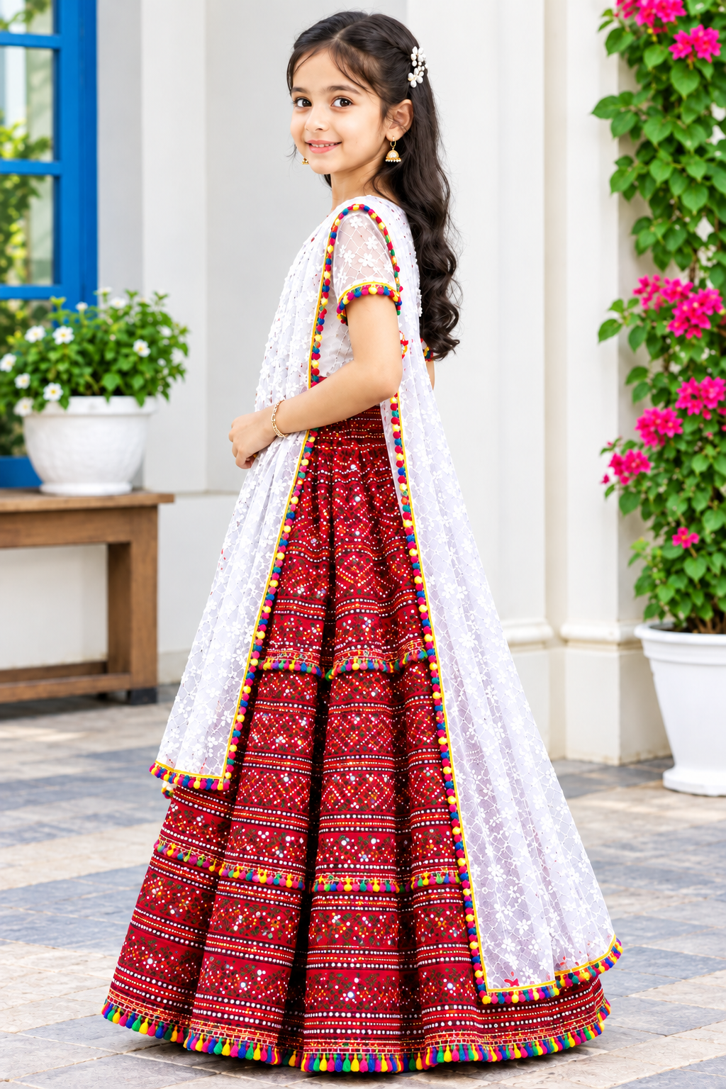 Girls Festive Maroon Printed Lehenga Choli Set with Tassel Border Dupatta
