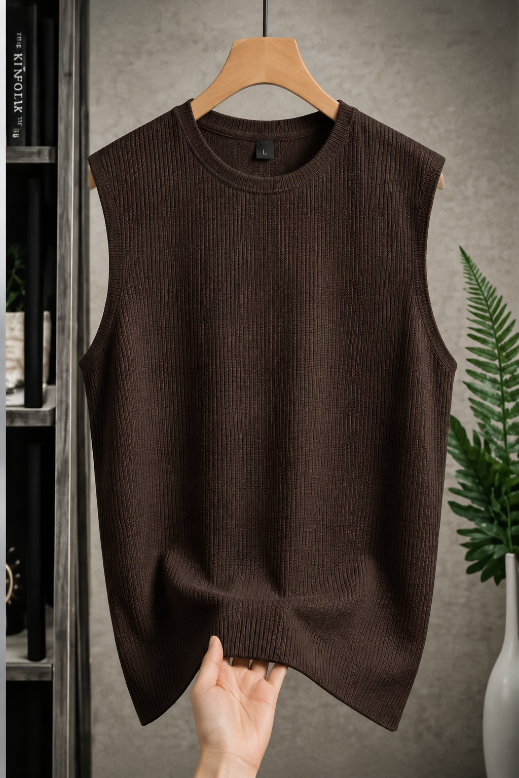 Brown Ribbed Sleeveless Casual T-Shirt for Men