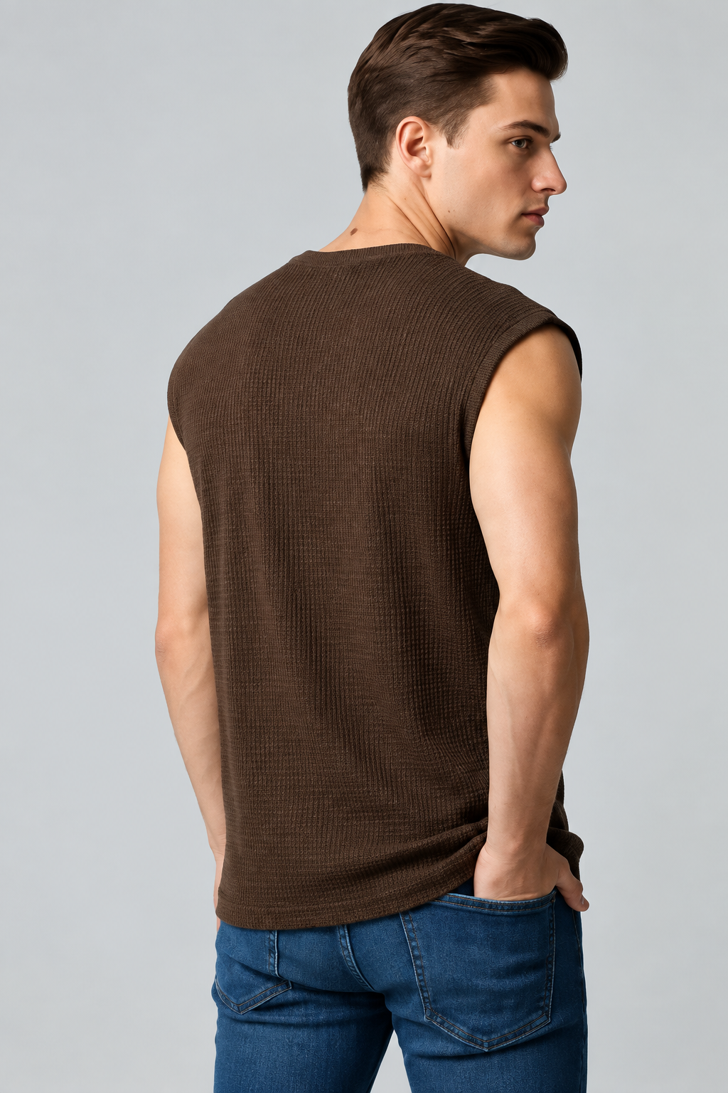 Brown Ribbed Sleeveless Casual T-Shirt for Men