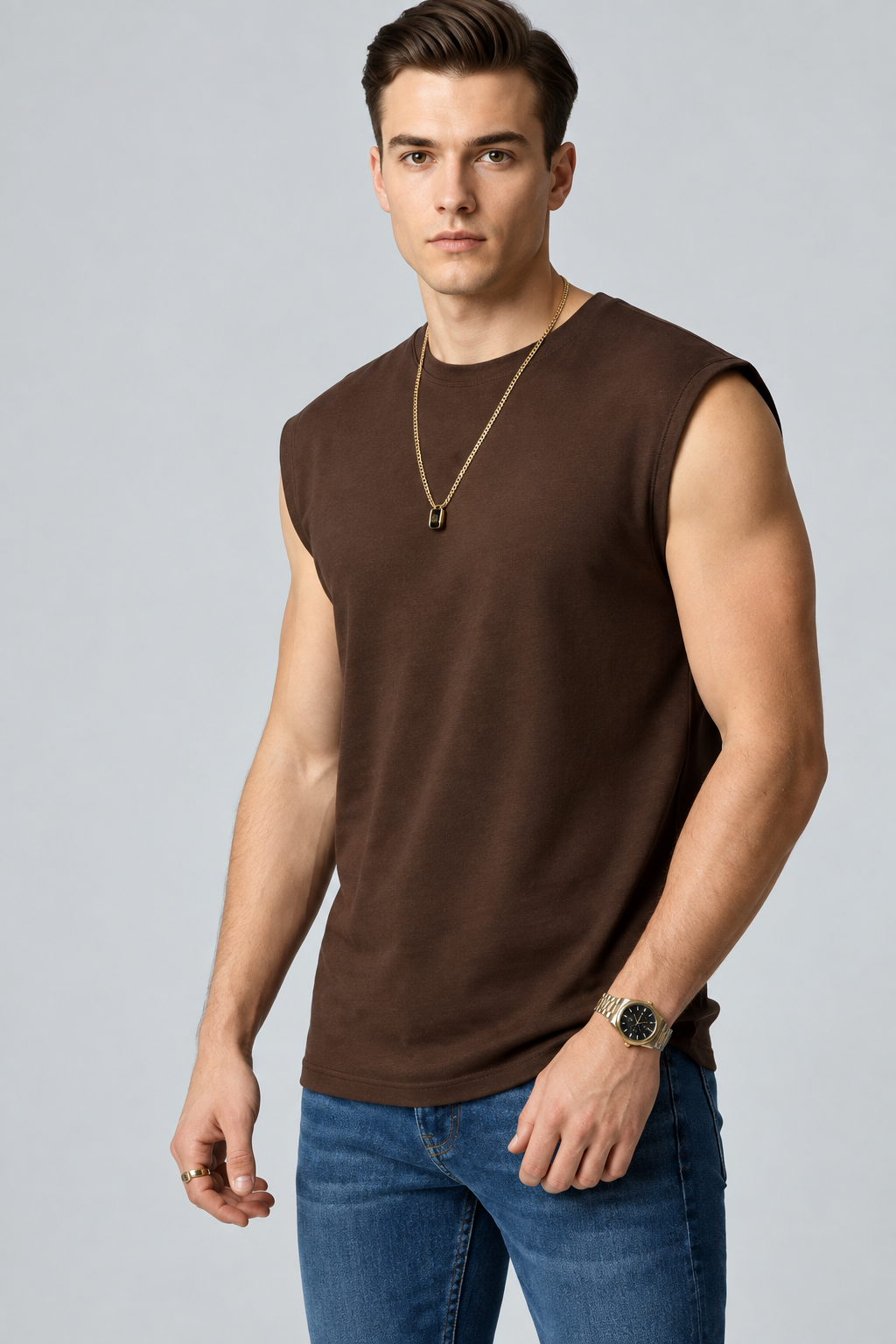 Brown Ribbed Sleeveless Casual T-Shirt for Men