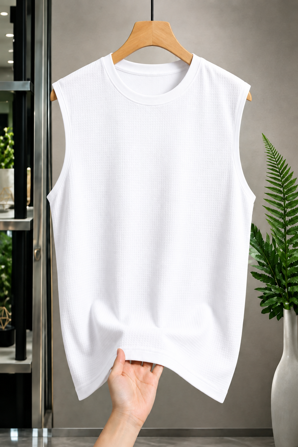 White Ribbed Sleeveless Casual T-Shirt for Men
