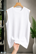 White Ribbed Sleeveless Casual T-Shirt for Men
