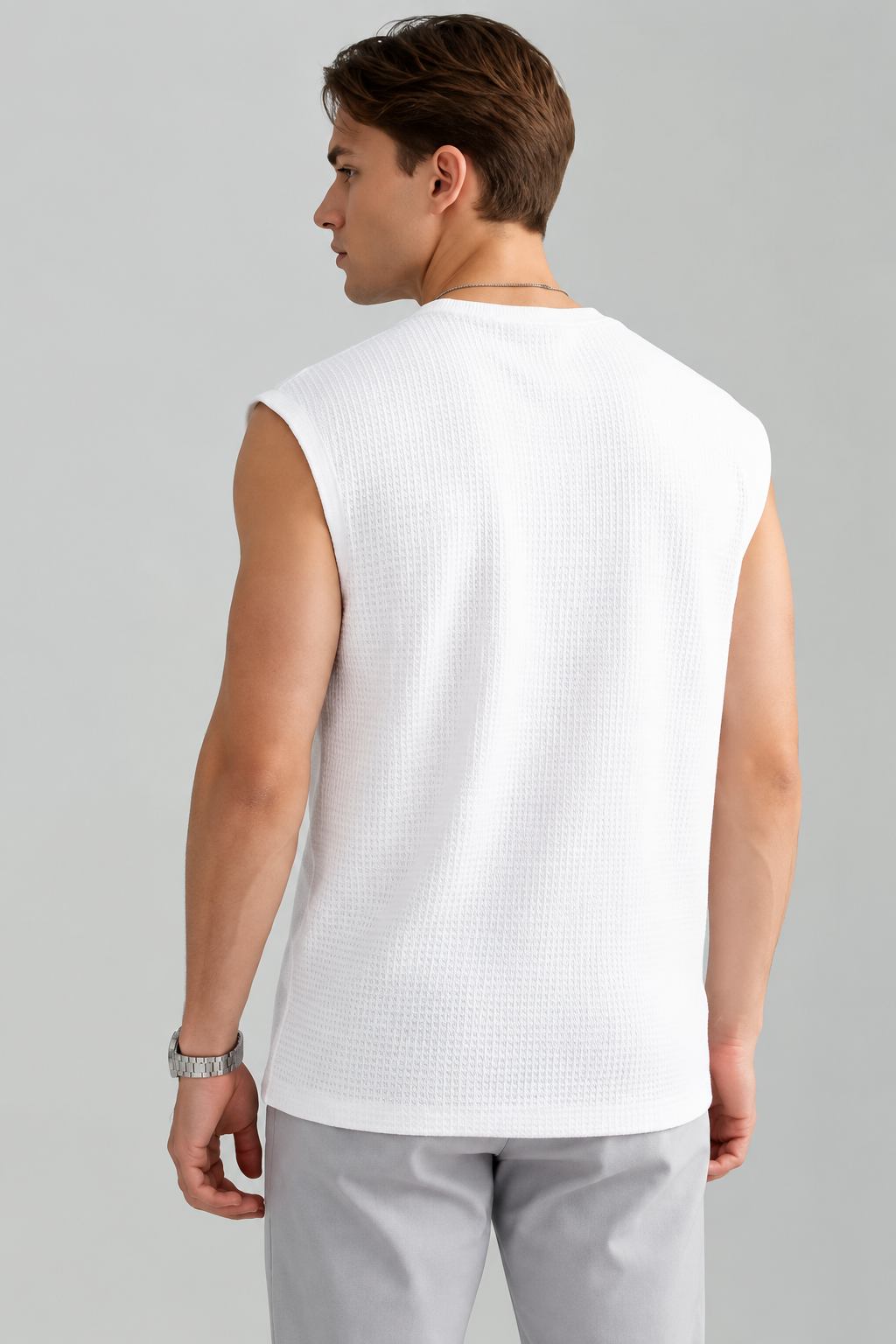 White Ribbed Sleeveless Casual T-Shirt for Men