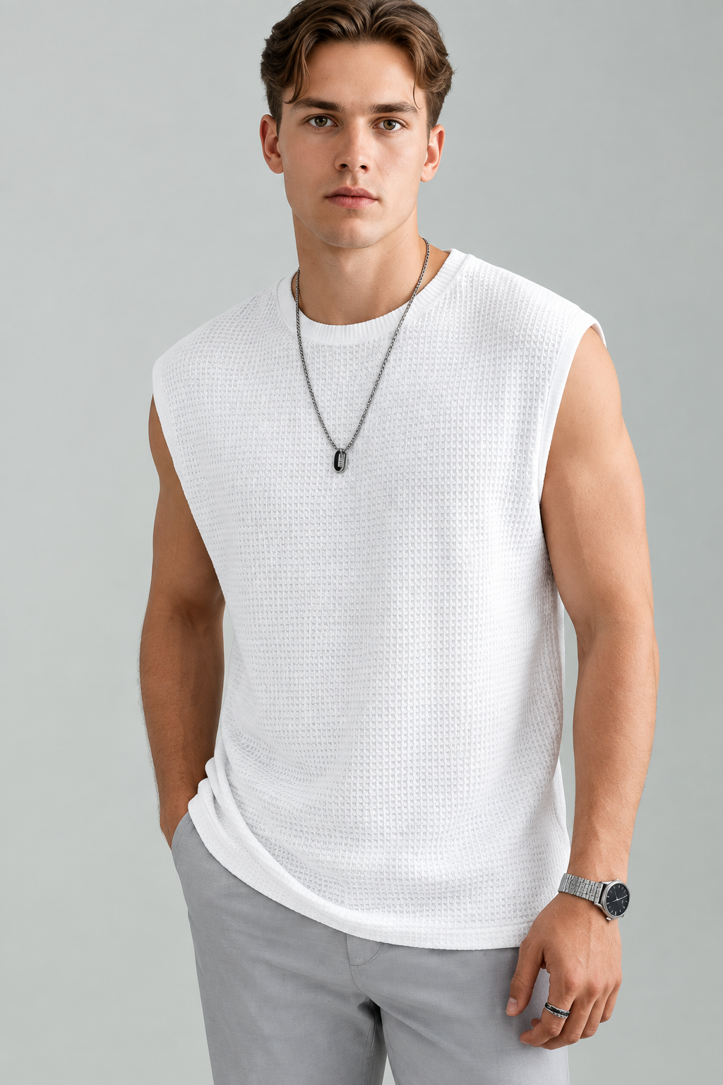 White Ribbed Sleeveless Casual T-Shirt for Men