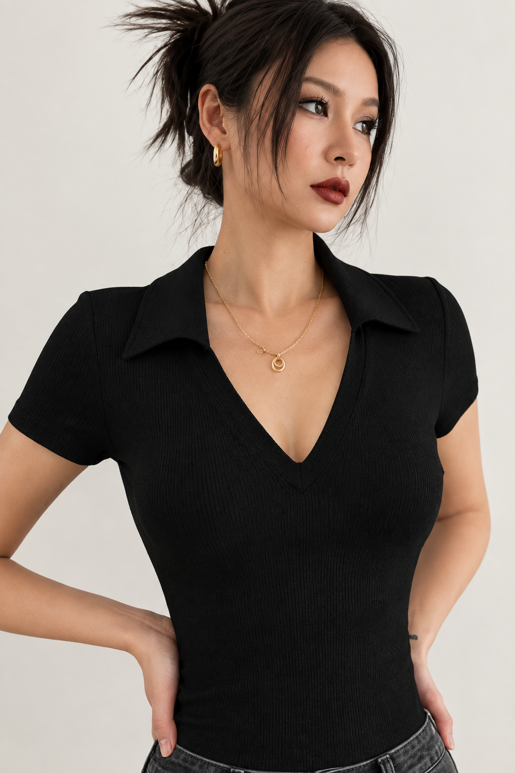 Women's V-Neck Ribbed Polo Crop Top