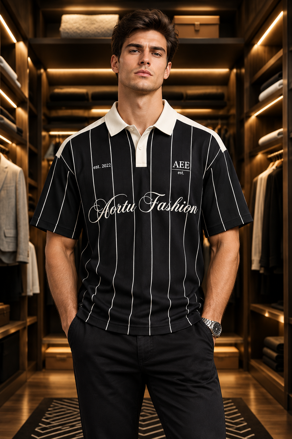 Men's "Aertu Fashion" Vertical Pinstripe Contrast Collar Polo Shirt