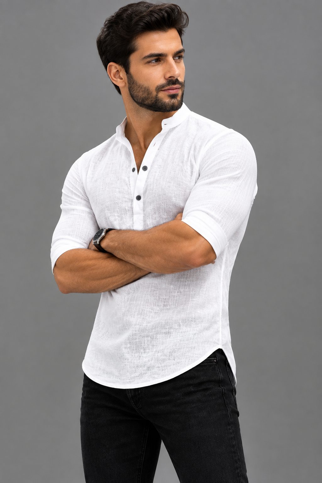 Men's Textured White Cotton-Linen Henley Kurta Shirt