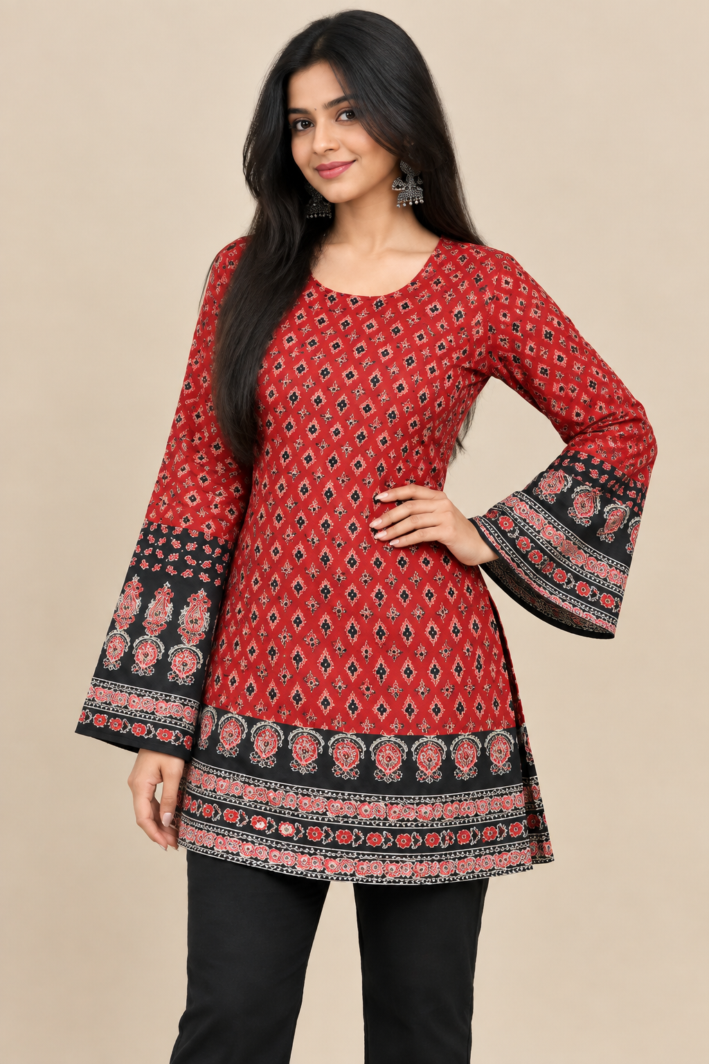Women's Maroon Ethnic Printed Short Kurti with Bell Sleeves