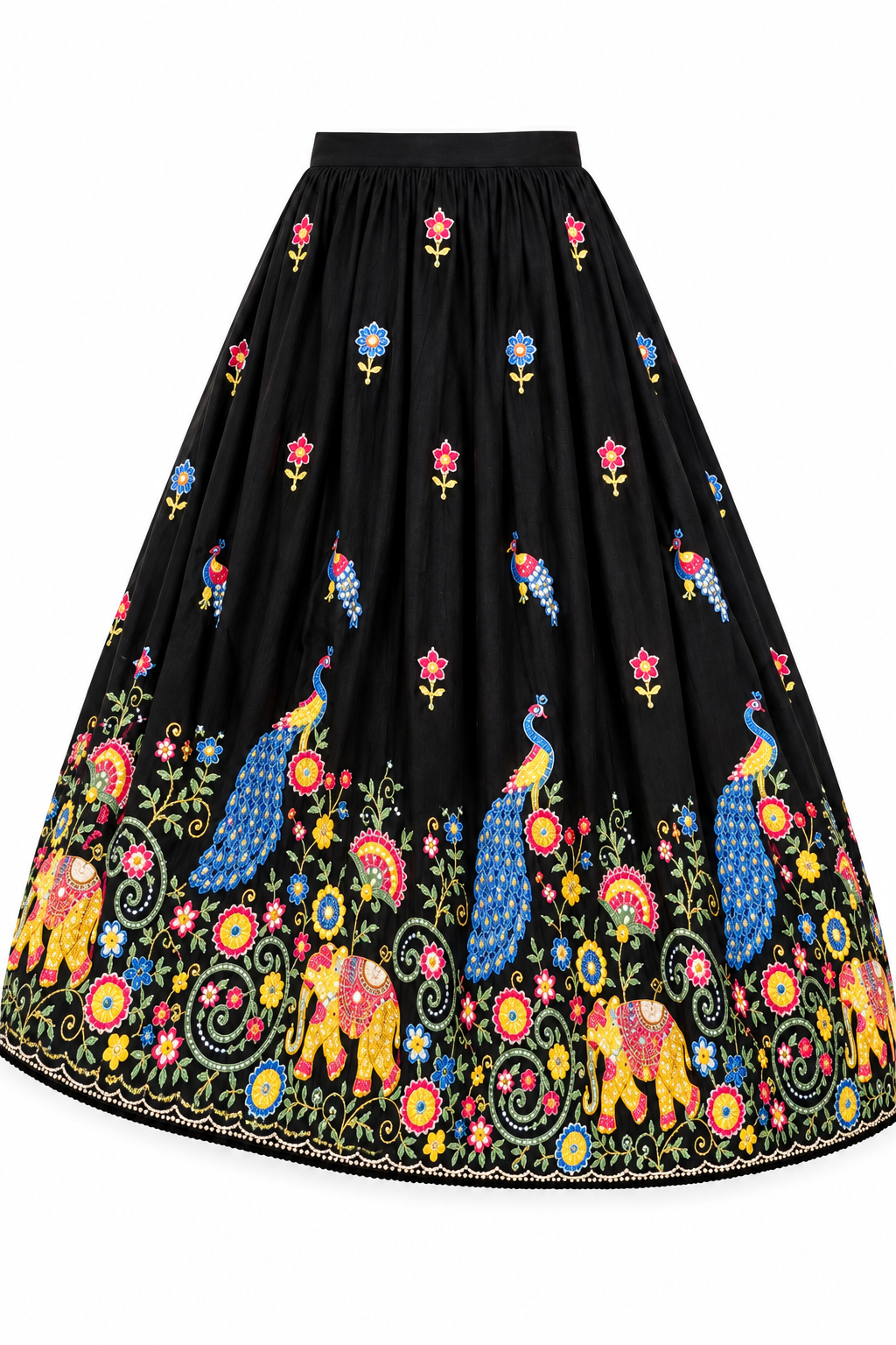 Women's Black Peacock &amp; Elephant Printed Flared Lehenga Choli.