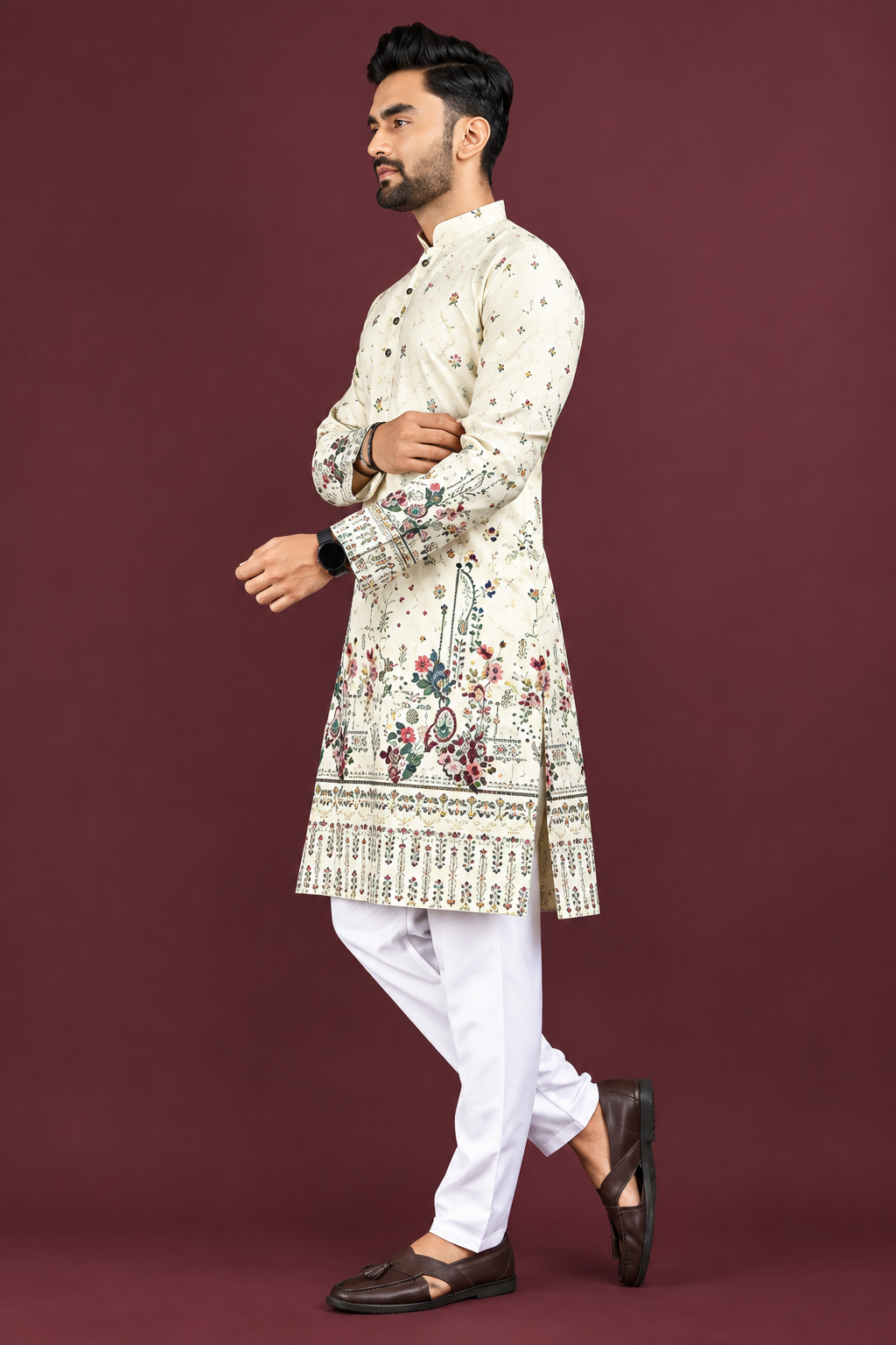 Men's Off-White/Cream Digital Printed Kurta Pajama Set